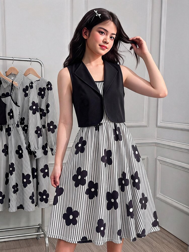 SHEIN Ttween Girls Black Suit Vest Paired With A White Striped Floral 2-Piece Set ,White Dress,Vacation,Holiday,Beach,Partywear,Elegant,Fall Layering - Black - View 1