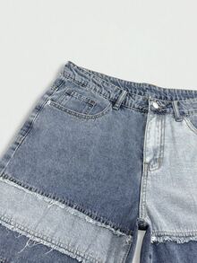 Manfinity EMRG American Style Patchwork Washed Blue Denim Shorts Men Street Fashion Loose Wide Leg Shorts - Light Wash - View 9