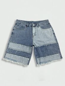 Manfinity EMRG American Style Patchwork Washed Blue Denim Shorts Men Street Fashion Loose Wide Leg Shorts - Light Wash - View 4