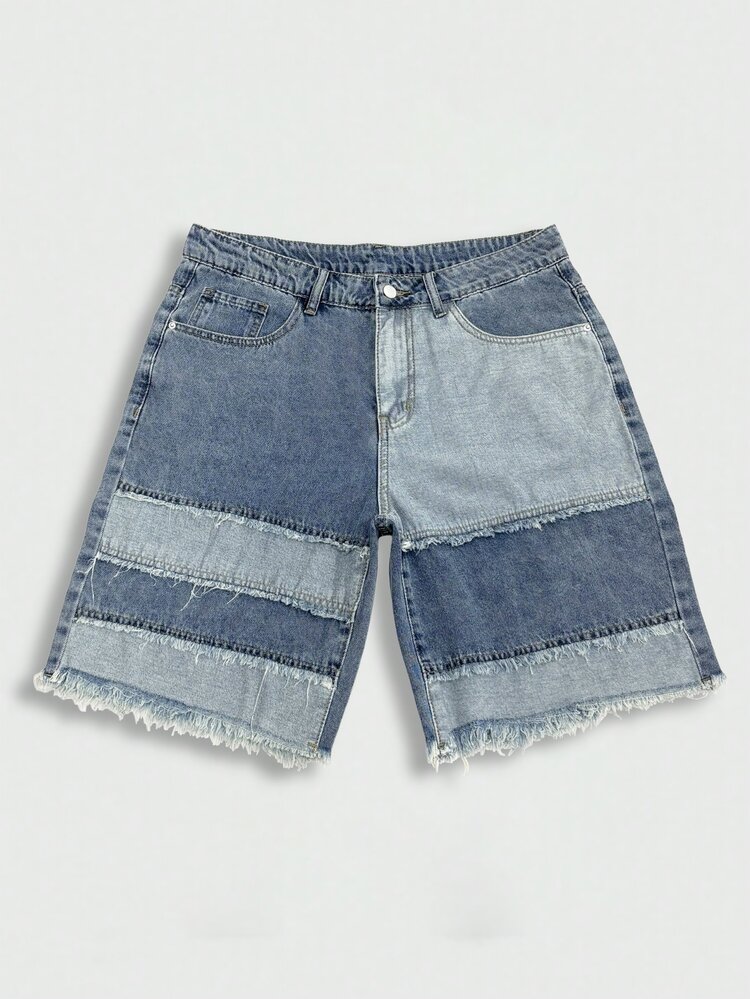 Manfinity EMRG American Style Patchwork Washed Blue Denim Shorts Men Street Fashion Loose Wide Leg Shorts - Light Wash - View 4