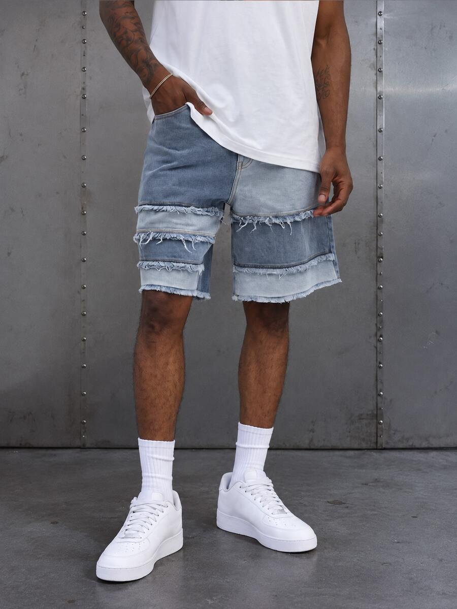 Manfinity EMRG American Style Patchwork Washed Blue Denim Shorts Men Street Fashion Loose Wide Leg Shorts - Light Wash - View 1
