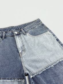 Manfinity EMRG American Style Patchwork Washed Blue Denim Shorts Men Street Fashion Loose Wide Leg Shorts - Light Wash - View 6