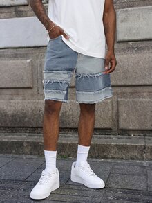Manfinity EMRG American Style Patchwork Washed Blue Denim Shorts Men Street Fashion Loose Wide Leg Shorts - Light Wash - View 3