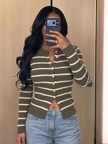 SHEIN SXY Women's Vintage Versatile Button Striped Contrast Color Knit Cardigan - Multicolor - View 7