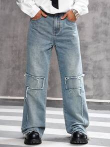 Manfinity EMRG Men's Casual Street Raw Edge Loose Fit Wide Leg Jeans - Light Wash - View 4