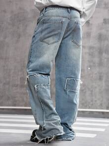 Manfinity EMRG Men's Casual Street Raw Edge Loose Fit Wide Leg Jeans - Light Wash - View 2