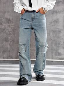 Manfinity EMRG Men's Casual Street Raw Edge Loose Fit Wide Leg Jeans - Light Wash - View 3