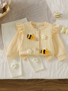SHEIN 女嬰幼兒新生兒 0-3 歲 春秋時尚針織毛茸茸羅紋 3D 花朵與蜜蜂開襟外套 + 內搭長褲套裝，戶外穿著 - 彩色 - 查看 4