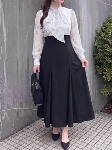 Bijouette Limited Edition Plus Size Gray-Blue Patchwork Ink Print Chiffon Dress, French Elegant Patchwork Design, Upper Body Ink Floral Print + Bow Tie Thin Strap, Lower Body Black Slim Fit A-Line Long Skirt, Perfect Belly Coverage And Slimming, Suitable For Pear And Apple Body Shapes, Full Size Range, No Tightness, Adjustable Back Design, Fashionable And Slimming, Flattering For All Body Types - Black and White - View 9