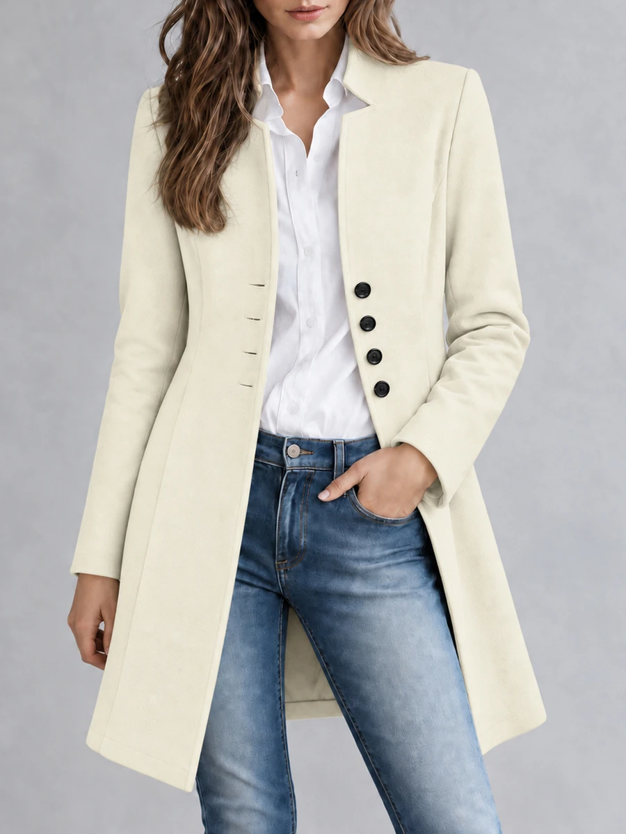 SHEIN Clasi Women's Casual Vacation Stand Collar Woolen Slim Jacket Fall Winter Cloth For Women - White - View 1