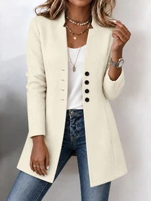 SHEIN Clasi Women's Casual Vacation Stand Collar Woolen Slim Jacket Fall Winter Cloth For Women - White - View 4