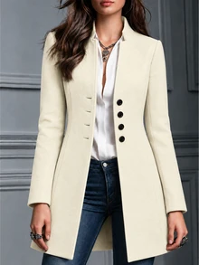 SHEIN Clasi Women's Casual Vacation Stand Collar Woolen Slim Jacket Fall Winter Cloth For Women - White - View 3