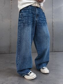 Manfinity EMRG Men's Casual Everyday Washed Slant Pocket Loose Fit Jeans - Medium Wash - View 1