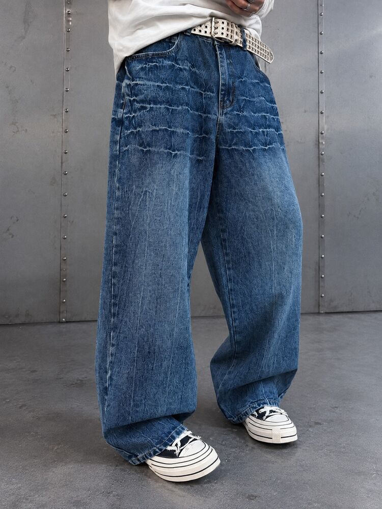 Manfinity EMRG Men's Casual Everyday Washed Slant Pocket Loose Fit Jeans - Medium Wash - View 1