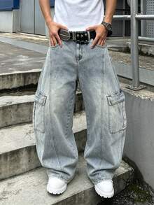 Manfinity EMRG Men's Casual Daily Travel Denim Curved Leg Pants With Pockets And Buttons - Blue - View 3