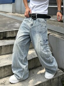 Manfinity EMRG Men's Casual Daily Travel Denim Curved Leg Pants With Pockets And Buttons - Blue - View 4