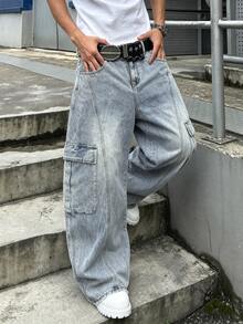 Manfinity EMRG Men's Casual Daily Travel Denim Curved Leg Pants With Pockets And Buttons - Blue - View 6