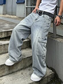 Manfinity EMRG Men's Casual Daily Travel Denim Curved Leg Pants With Pockets And Buttons - Blue - View 5