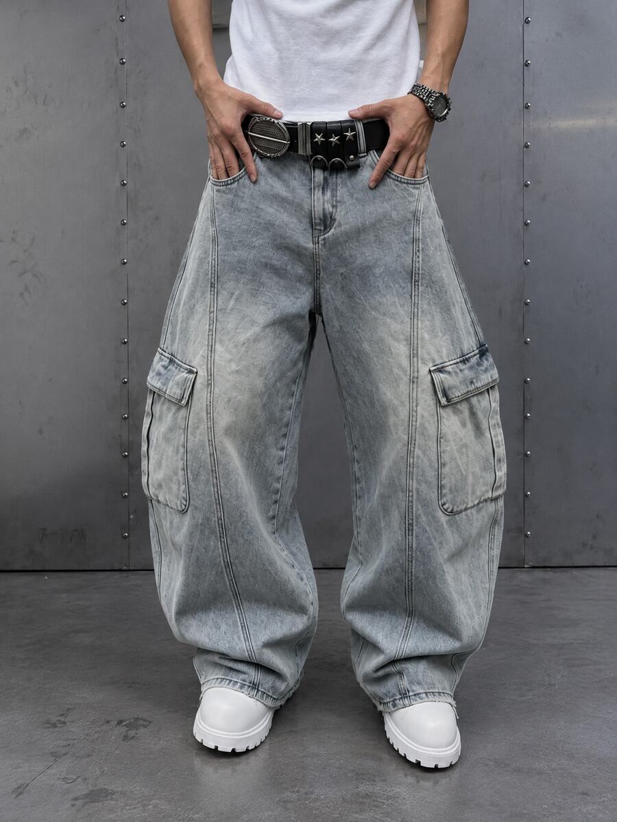Manfinity EMRG Men's Casual Daily Travel Denim Curved Leg Pants With Pockets And Buttons - Blue - View 1