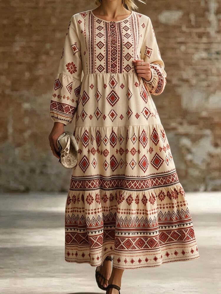 Ceyna Plus Size Women's French Casual Elegant Print Round Neck Long Sleeve Dress - Apricot - View 6