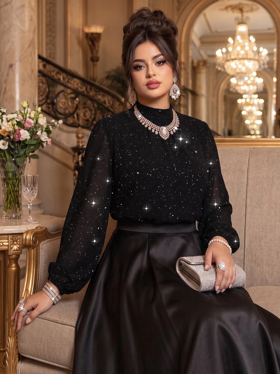 Roveilla Plus Size Small Stand Collar Chiffon Sequin Lantern Sleeve Long Sleeve Elegant Celestial Evening Party Date Women Blouse Party Shirt Black Summer - Black - View 1