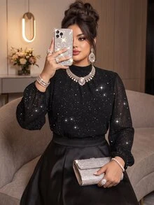 Roveilla Plus Size Small Stand Collar Chiffon Sequin Lantern Sleeve Long Sleeve Elegant Celestial Evening Party Date Women Blouse Party Shirt Black Summer - Black - View 5