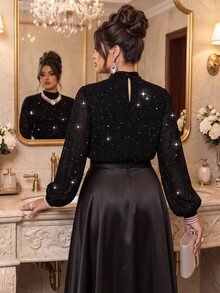 Roveilla Plus Size Small Stand Collar Chiffon Sequin Lantern Sleeve Long Sleeve Elegant Celestial Evening Party Date Women Blouse Party Shirt Black Summer - Black - View 2