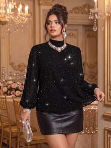 Roveilla Plus Size Small Stand Collar Chiffon Sequin Lantern Sleeve Long Sleeve Elegant Celestial Evening Party Date Women Blouse Party Shirt Black Summer - Black - View 4
