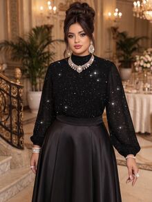Roveilla Plus Size Small Stand Collar Chiffon Sequin Lantern Sleeve Long Sleeve Elegant Celestial Evening Party Date Women Blouse Party Shirt Black Summer - Black - View 3