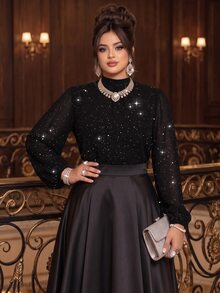 Roveilla Plus Size Small Stand Collar Chiffon Sequin Lantern Sleeve Long Sleeve Elegant Celestial Evening Party Date Women Blouse Party Shirt Black Summer - Black - View 6
