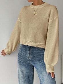 EMERY ROSE Women's Solid Color Simple Casual Crew Neck Long Sleeve White Sweater - Apricot - View 6