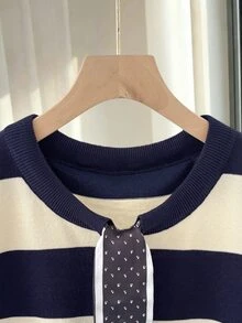 Franclia 女款春夏優雅休閒極簡時尚通勤百搭設計可拆卸圍巾蝴蝶結灰色短袖標準肩圓領修身顯瘦大碼套頭針織衫 - 彩色 - 查看 5