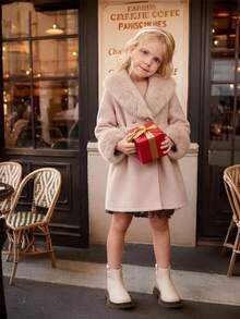 SHEIN Elladie kids Tween女孩毛茸茸領口保暖可愛純色休閒羊毛大衣，人造毛領秋冬外套 - 卡其色 - 查看 6
