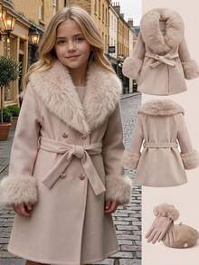 SHEIN Elladie kids Tween女孩毛茸茸領口保暖可愛純色休閒羊毛大衣，人造毛領秋冬外套 - 卡其色 - 查看 7