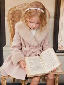 SHEIN Elladie kids Tween女孩毛茸茸領口保暖可愛純色休閒羊毛大衣，人造毛領秋冬外套 - 卡其色 - 查看 4
