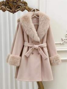 SHEIN Elladie kids Tween女孩毛茸茸領口保暖可愛純色休閒羊毛大衣，人造毛領秋冬外套 - 卡其色 - 查看 8