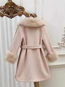 SHEIN Elladie kids Tween女孩毛茸茸領口保暖可愛純色休閒羊毛大衣，人造毛領秋冬外套 - 卡其色 - 查看 9