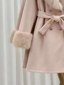 SHEIN Elladie kids Tween女孩毛茸茸領口保暖可愛純色休閒羊毛大衣，人造毛領秋冬外套 - 卡其色 - 查看 12