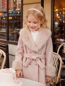 SHEIN Elladie kids Tween女孩毛茸茸領口保暖可愛純色休閒羊毛大衣，人造毛領秋冬外套 - 卡其色 - 查看 5