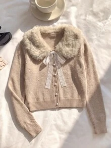 Elamini Women's Autumn/Winter Long Sleeve Fur Collar Sequin Fitted Knit Cardigan - Khaki - View 3