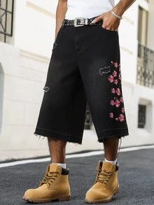 Manfinity EMRG Men's Street Fashion Casual Distressed Embroidered Black Denim Shorts - Black - View 5