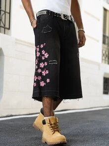 Manfinity EMRG Men's Street Fashion Casual Distressed Embroidered Black Denim Shorts - Black - View 6