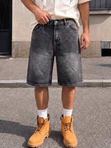 Manfinity EMRG American Hip-Hop Streetwear Bag-In-Bag Design Unisex Denim Shorts Going Out Gray Summer - Black - View 6