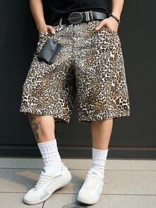 Manfinity EMRG Men's Casual Street Style Leopard Print Distressed Denim Shorts - Multicolor - View 9