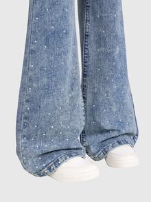 SHEIN ChillGRL Tween Girls' Retro High Waist Light Blue Flare Jeans,Rhinestone Bling Diamond Denim Pants For School,Back-To-School,Autumn Streetwear Y2K Design - Dark Wash - View 6