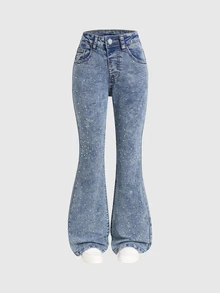 SHEIN ChillGRL Tween Girls' Retro High Waist Light Blue Flare Jeans,Rhinestone Bling Diamond Denim Pants For School,Back-To-School,Autumn Streetwear Y2K Design - Dark Wash - View 4