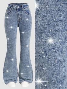 SHEIN ChillGRL Tween Girls' Retro High Waist Light Blue Flare Jeans,Rhinestone Bling Diamond Denim Pants For School,Back-To-School,Autumn Streetwear Y2K Design - Dark Wash - View 3