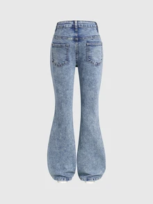SHEIN ChillGRL Tween Girls' Retro High Waist Light Blue Flare Jeans,Rhinestone Bling Diamond Denim Pants For School,Back-To-School,Autumn Streetwear Y2K Design - Dark Wash - View 5