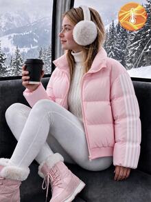 SHEIN 兒童青少年女孩極簡舒適大版短版立領加厚保暖冬外套，粉色，適合戶外與學校穿著 - 淺粉色 - 查看 3