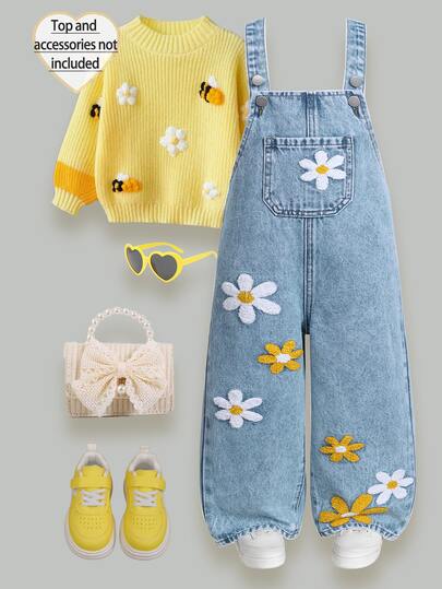 SHEIN ChillGRL Girls Floral, Heart, Rainbow Graffiti Print Casual Comfortable Soft Denim Jumpsuit Sunflower Girls Outfit Baby Blue Mommy And Me Young Girl